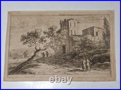 Petite Eau-Forte Ancienne Paysage au Grand Arbre & Clocher Figures 10x15 cm