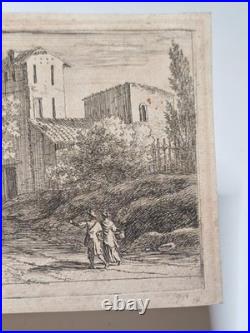 Petite Eau-Forte Ancienne Paysage au Grand Arbre & Clocher Figures 10x15 cm