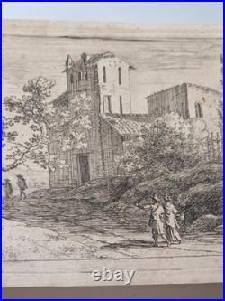 Petite Eau-Forte Ancienne Paysage au Grand Arbre & Clocher Figures 10x15 cm