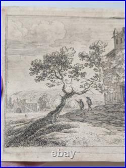Petite Eau-Forte Ancienne Paysage au Grand Arbre & Clocher Figures 10x15 cm