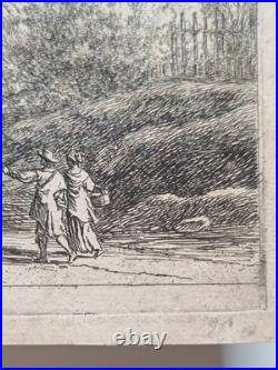 Petite Eau-Forte Ancienne Paysage au Grand Arbre & Clocher Figures 10x15 cm