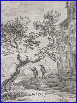 Petite Eau-Forte Ancienne Paysage au Grand Arbre & Clocher Figures 10x15 cm