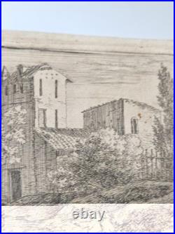 Petite Eau-Forte Ancienne Paysage au Grand Arbre & Clocher Figures 10x15 cm