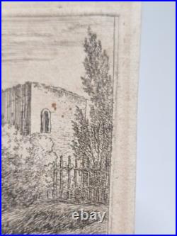Petite Eau-Forte Ancienne Paysage au Grand Arbre & Clocher Figures 10x15 cm