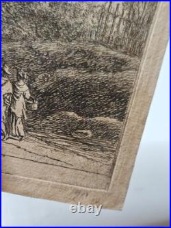 Petite Eau-Forte Ancienne Paysage au Grand Arbre & Clocher Figures 10x15 cm