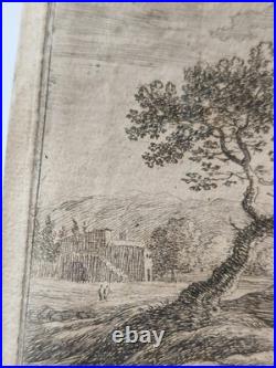 Petite Eau-Forte Ancienne Paysage au Grand Arbre & Clocher Figures 10x15 cm