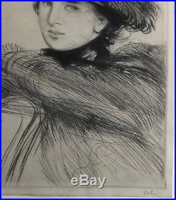 Pointe sèche Originale PAUL CÉSAR HELLEU (1859-1927) Velin Portrait Jeune Femme