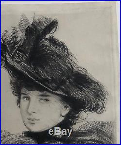Pointe sèche Originale PAUL CÉSAR HELLEU (1859-1927) Velin Portrait Jeune Femme
