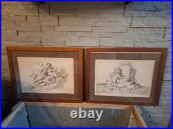 Putti, angelots, paire de gravures encadrées, gravure ancienne