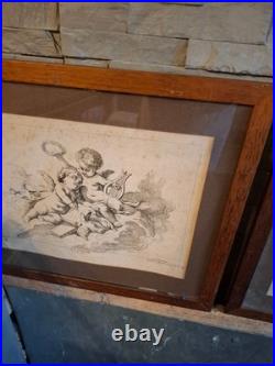 Putti, angelots, paire de gravures encadrées, gravure ancienne