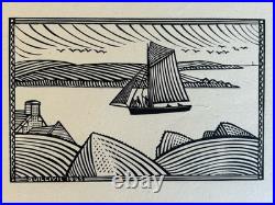 Quillivic Gravure sur bois Woodcut Paysage Marine Bretonne Bateau Le Langoustier