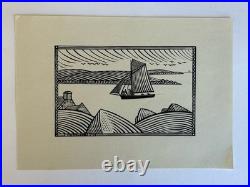 Quillivic Gravure sur bois Woodcut Paysage Marine Bretonne Bateau Le Langoustier