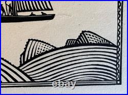 Quillivic Gravure sur bois Woodcut Paysage Marine Bretonne Bateau Le Langoustier