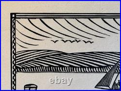 Quillivic Gravure sur bois Woodcut Paysage Marine Bretonne Bateau Le Langoustier