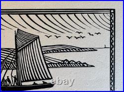 Quillivic Gravure sur bois Woodcut Paysage Marine Bretonne Bateau Le Langoustier