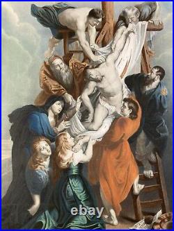 Rare Belle Gravure Lithographie Rubens descente de croix Jesus Christ vierge art