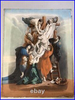 Rare Belle Gravure Lithographie Rubens descente de croix Jesus Christ vierge art