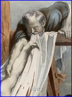 Rare Belle Gravure Lithographie Rubens descente de croix Jesus Christ vierge art