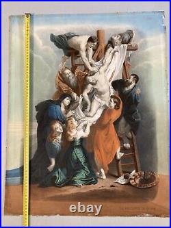 Rare Belle Gravure Lithographie Rubens descente de croix Jesus Christ vierge art