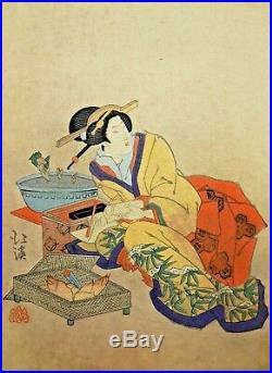 Rare ESTAMPE JAPONAISE élève Hokusai HOKKEI, GEISHA original ukiyo-e surimono