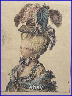 Rare grande gravure mode dame costume français XVIIIème étude demoiselles Rare grande gravure mode dame costume français XVIIIème étude demoiselles