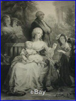 Rare gravure XIXème, LaReine Marie Antoinette à Trianon en cie du Roi et Dauphin