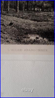 Rare gravure originale paysage XIXème L'allée abandonnée Camille Bernier