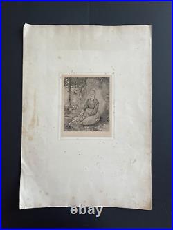 Rare gravure signée XIXème Millet jeune bergère au fusain toutes marges