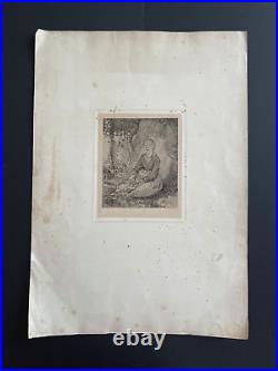 Rare gravure signée XIXème Millet jeune bergère au fusain toutes marges
