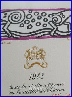 Rare lithographie dessin Keith Haring pour Chateau Mouton Rothschild Pauillac 88