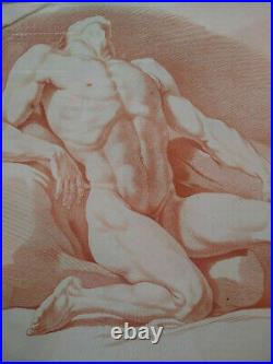 Rarissime grande gravure XVIIIème Suve & Duret sanguine homme nu académie cadre