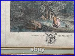 Scènes galantes, paire de gravures par Clementi, cadres d'époque, XVIIIe