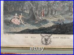Scènes galantes, paire de gravures par Clementi, cadres d'époque, XVIIIe