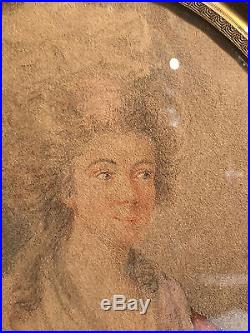 Superbe dessin 18 ème rehaussé d'aquarelle portrait de femme en ovale