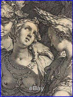 Superbe gravure ancienne maniériste Jan Saenredam Bloemaert Venus Bacchus 1600
