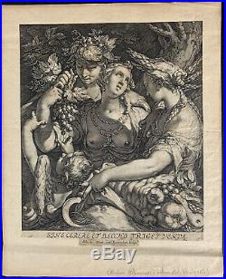 Superbe gravure ancienne maniériste Jan Saenredam Bloemaert Venus Bacchus 1600