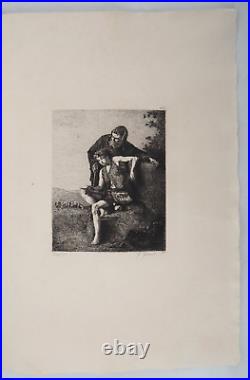 Théodule RIBOT -Le peintre et son apprenti GRAVURE signée, Durand Ruel, 1873
