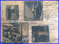 Tres Beau 4 Linogravure Plaque Lino Plaques Ancienne Pour Gravure Signé Cmc