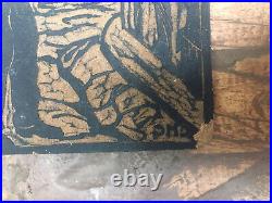 Tres Beau 4 Linogravure Plaque Lino Plaques Ancienne Pour Gravure Signé Cmc