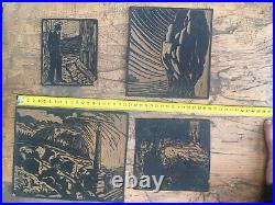 Tres Beau 4 Linogravure Plaque Lino Plaques Ancienne Pour Gravure Signé Cmc