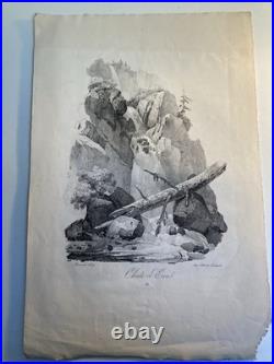 Très Belle Gravure Arbre Chute Eau Tronc Delpech Remond 1829 Lithographie Ancien