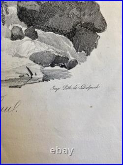 Très Belle Gravure Arbre Chute Eau Tronc Delpech Remond 1829 Lithographie Ancien