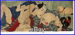 UWEstampe japonaise érotique shunga originale Kuniyoshi couple et chat 24 D09
