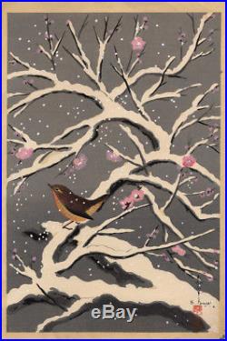 UWEstampe japonaise originale Bakufu Ohno oiseau sur arbre enneigé 33 L33