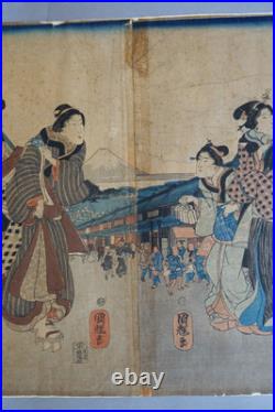 Utagawa Kuniteru (1808-1876) estampe japonaise grand triptyque XIXème