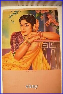 Vintage Devika Bollywood Actrice Lithographie Imprimé Indien Film de Collection