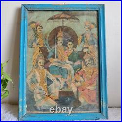 Vintage Raja Ravi Varma Presse Imprimé De' Pandav Sabha'Original Cadre en Bois