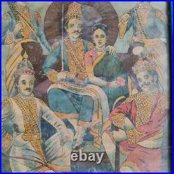 Vintage Raja Ravi Varma Presse Imprimé De' Pandav Sabha'Original Cadre en Bois