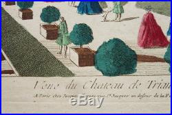 Vue d'optique Gravure + aquarelle du 18e Chateau de TRIANON à Versailles