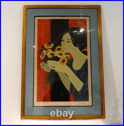 Yves Ganne. Lithographie originale signée et numérotée, la femme au bouquet